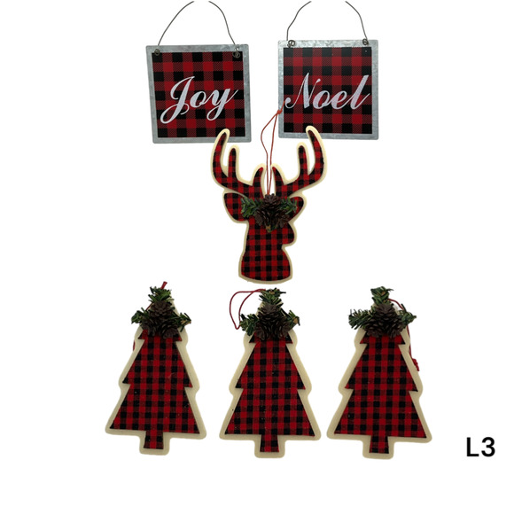 Farmhouse Christmas 6 Ornaments Red Black Buffalo Plaid Reindeer Tree Metal Sign - Picture 1 of 4